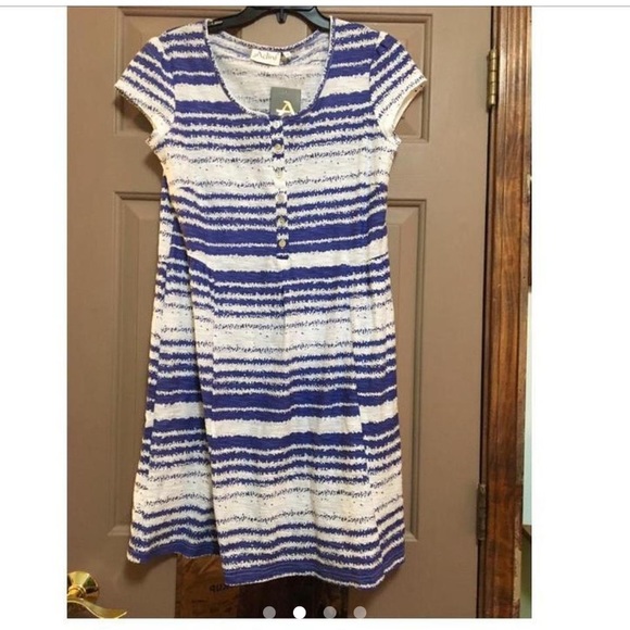 NWTs Adini Blue & White Watercolor Striped Babydoll Aline Dress - Picture 3 of 6